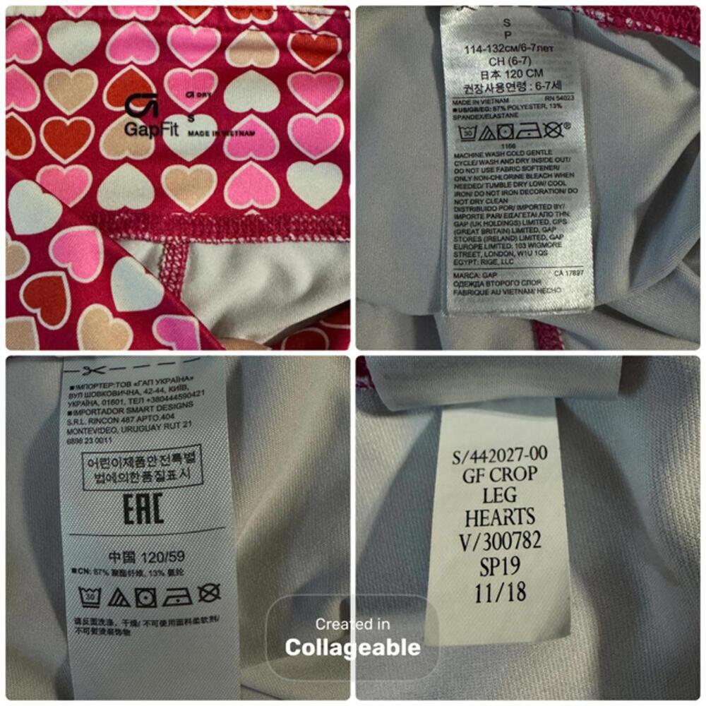 GapFit Hearts Crop Leggings Pink Red White Girls Size S 6 7 Activewear Sporty - Picture 8 of 9